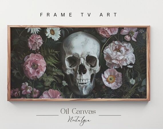 Skull In Bloom With Pink Anemones Dark Botanical Vanitas Halloween Artwork Wall Poster