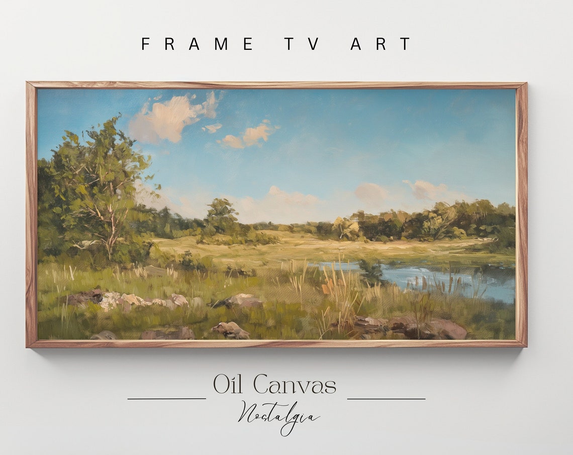 Summer Landscape Oil Painting Frame Tv Art Vintage Country Farmhouse Wall Decor