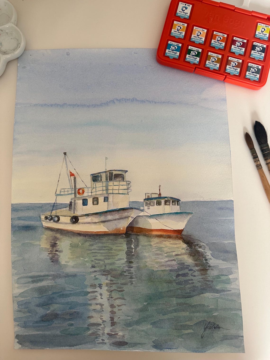 Sea Landscape Watercolor Painting Original Watercolor Art Handmade Watercolor Fishing Boat Painting Aquarelle Original 10x14 In - Image 2