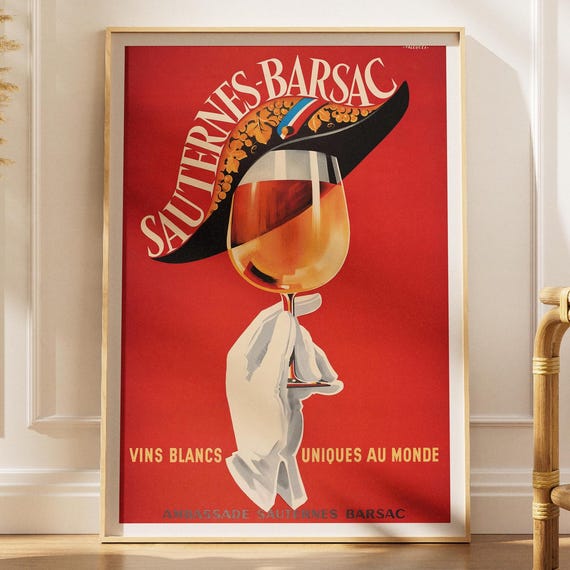 Vintage Sauternes Barsac Wine Poster French Bar Cart Decor Kitchen Lovers Gift