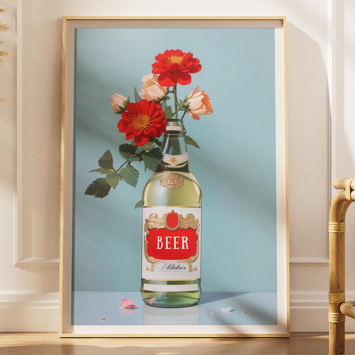 Beer Bottle Floral Poster, Botanical Kitchen Decor