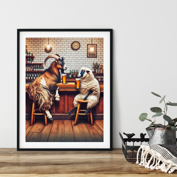 Having A Beer At The Bar Funny Pub Wall Art Poster Instant Ai Goat Sheep Friends Cart Cheers