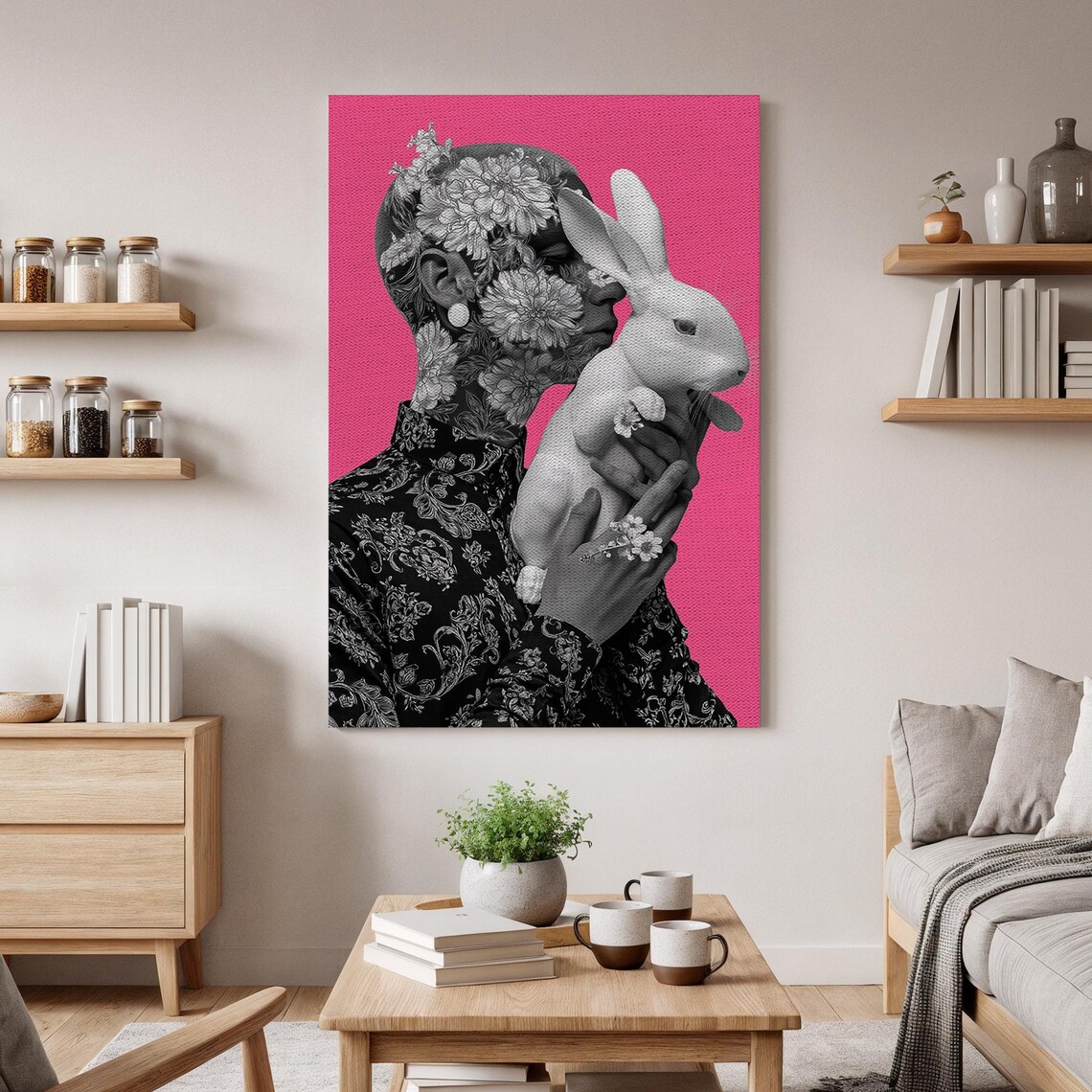 Floral Face Portrait Art Print, Surreal Rabbit