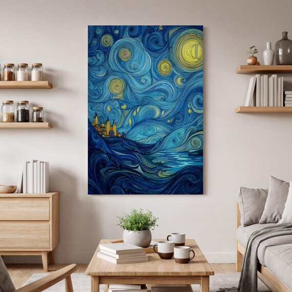 Starry Sky Canvas Art Swirling Night Blue Print Dreamlike Abstract Landscape Cosmic Wall Decor Bedroom Gift For Lovers