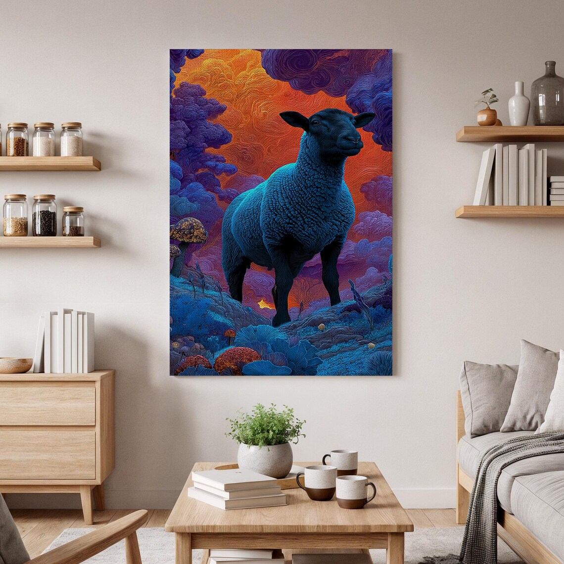 Surreal Blue Sheep Pastoral Fantasy Dreamscape Night Sky Poster