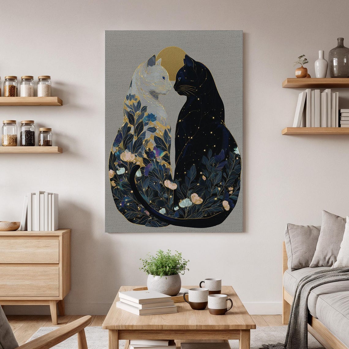 Celestial Cat Lovers Canvas Wall Art Yin Yang Feline Artwork Mystical Night And Day Botanical Moonlit Print For Home