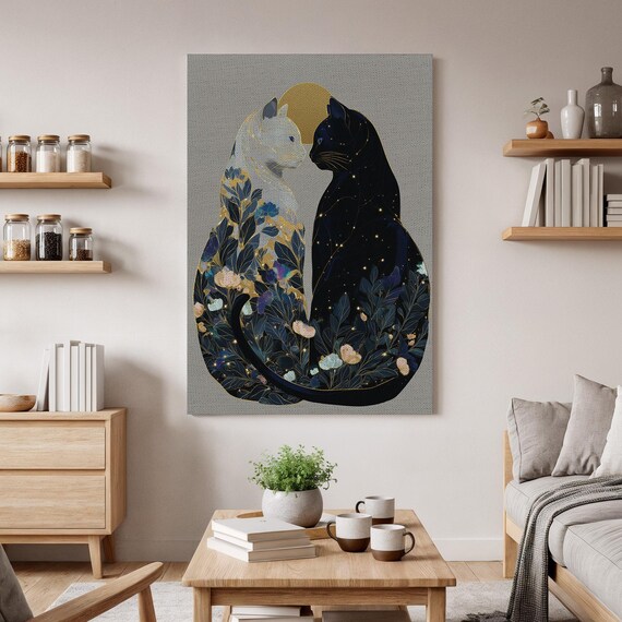 Celestial Cat Lovers Canvas Wall Art Yin Yang Feline Artwork Mystical Night And Day Botanical Moonlit Print For Home