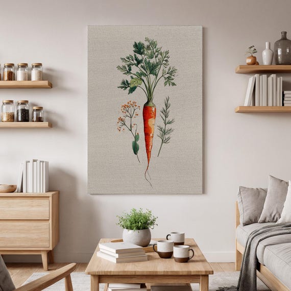 Carrot Botanical Wall Art Vintage Kitchen Herb Print Rustic Vegetable Illustration Farmhouse Decor Country Style