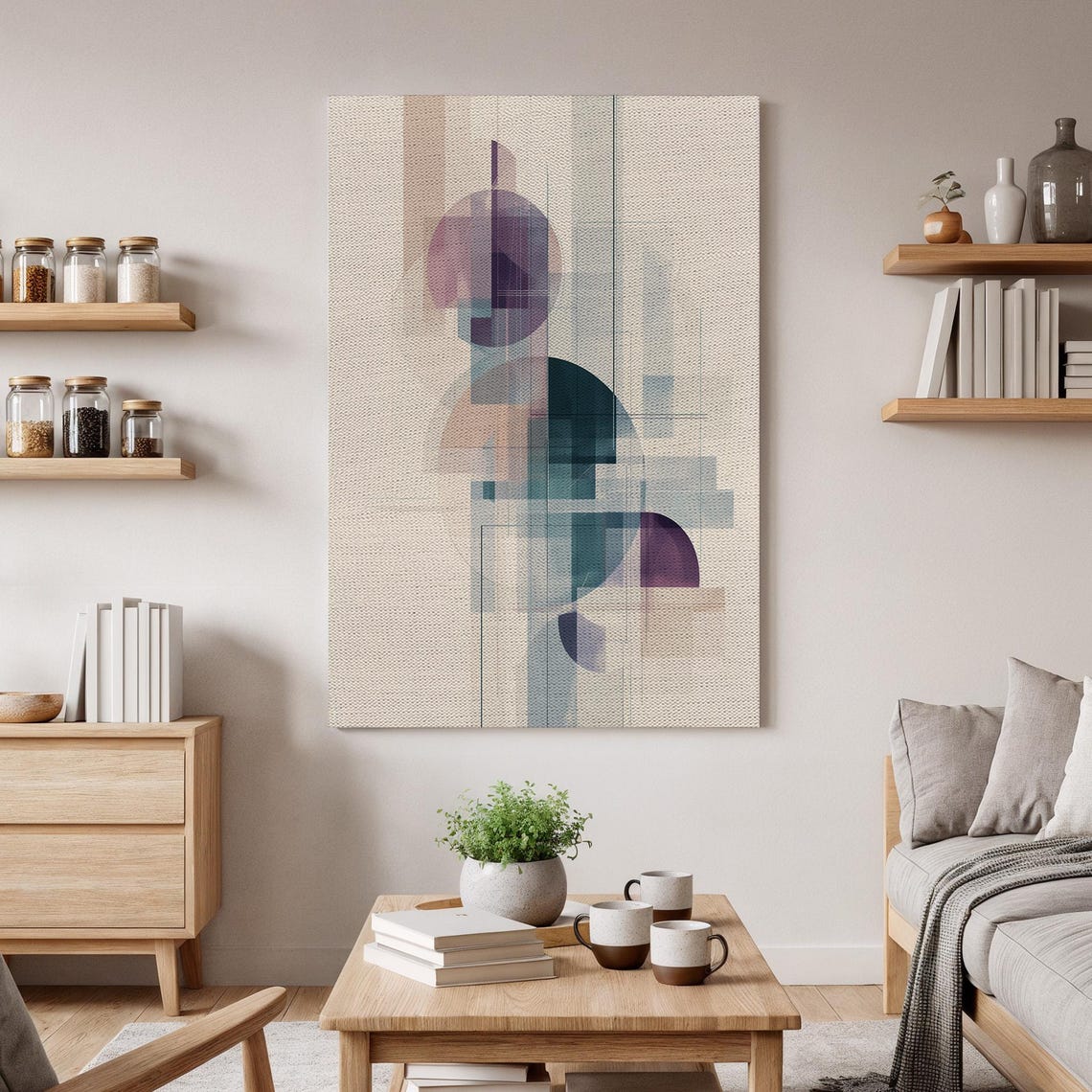 Abstract Geometric Circles Arcs Muted Purple Teal Modern Art Poster