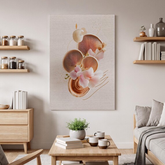 Floral Mushroom Wall Art Botanical Fungi Canvas Modern Nature Decor Pink Orchid And Print Elegant Artwork