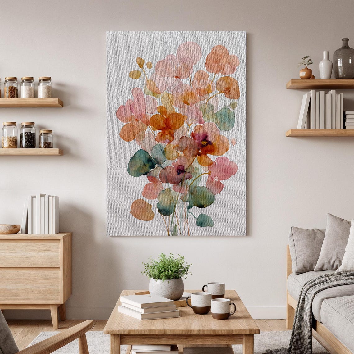 Abstract Watercolor Blossom Bouquet in Peach and Teal Poster