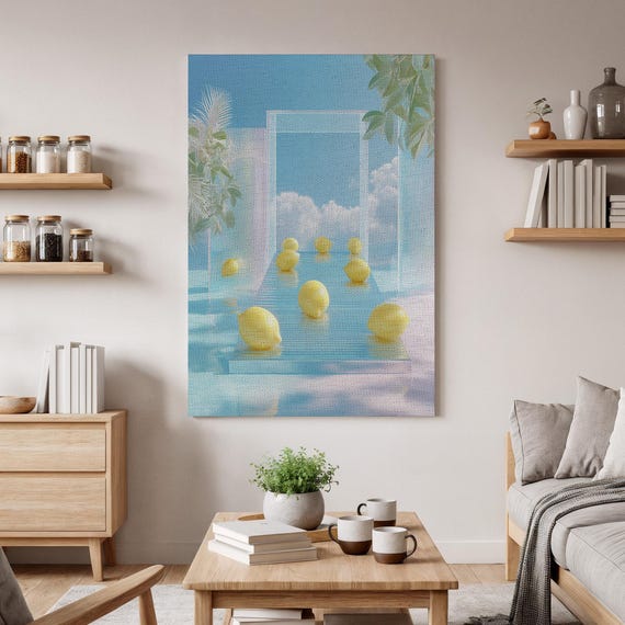 Surreal Lemon Pool Wall Art Dreamy Fruit Fantasy Canvas Modern Tropical Decor Bright Yellow Artwork Coastal Summer Print