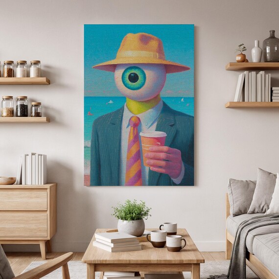 Eyeball Head Businessman Surreal Beach Coffee Pop Art Poster