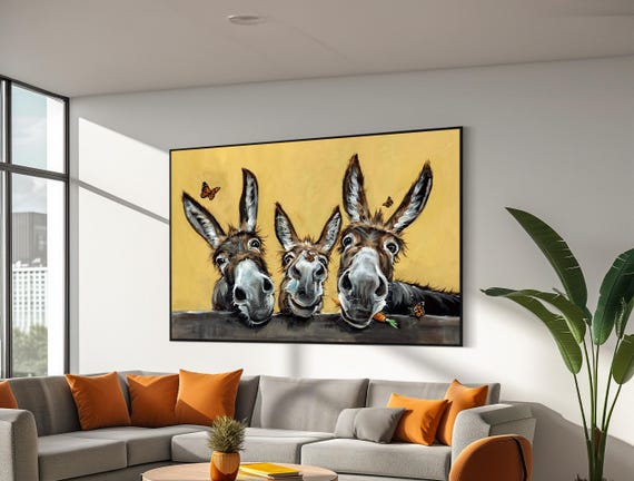 Whimsical Donkeys With Butterflies Painting Playful And Cheerful Animal Art Perfect For Brightening Up Your Home Decor