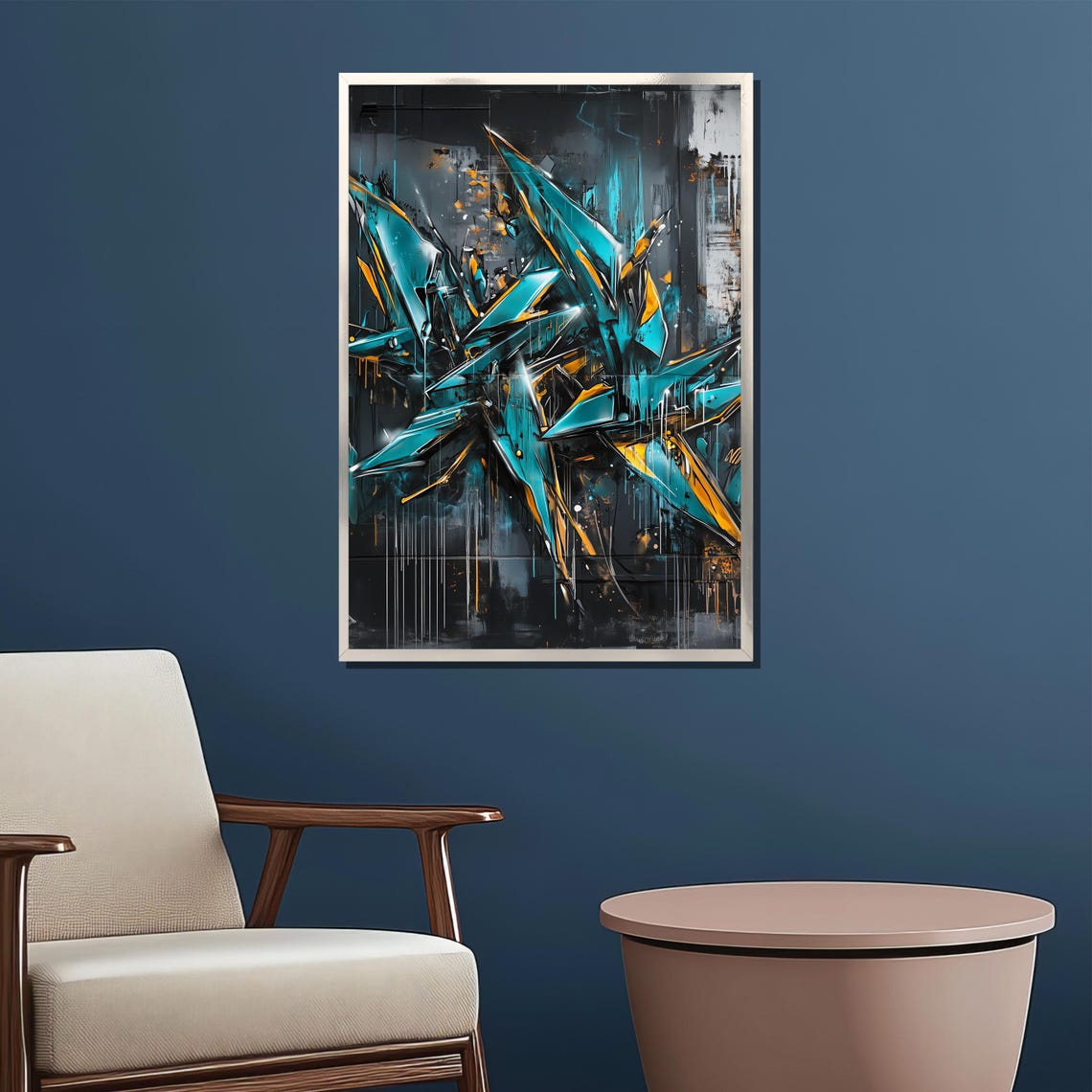 Turquoise and Gold Graffiti Shards Abstract Urban Street Art Poster - Image 2