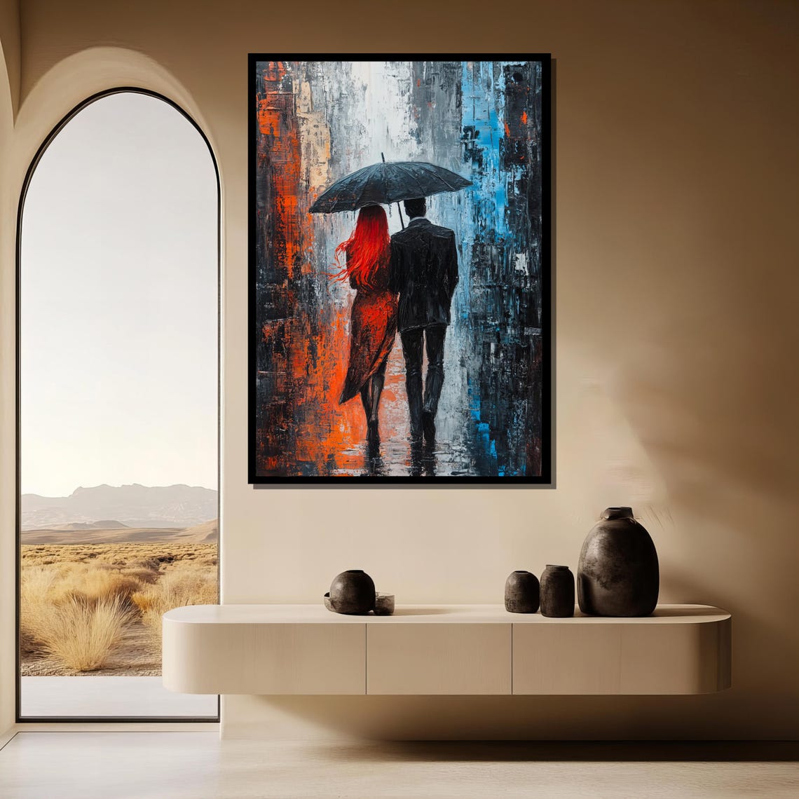 Couple Under Black Umbrella Rainy City Street Orange Blue Poster - Image 3