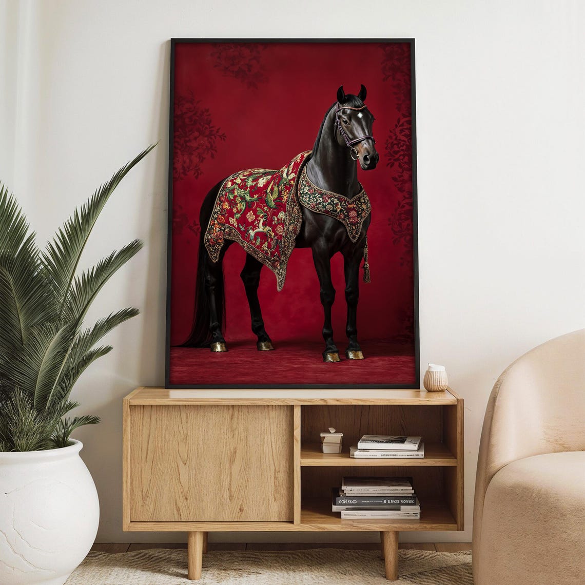 Black Horse in Ornate Saddle Blanket Facing Right on Red Poster