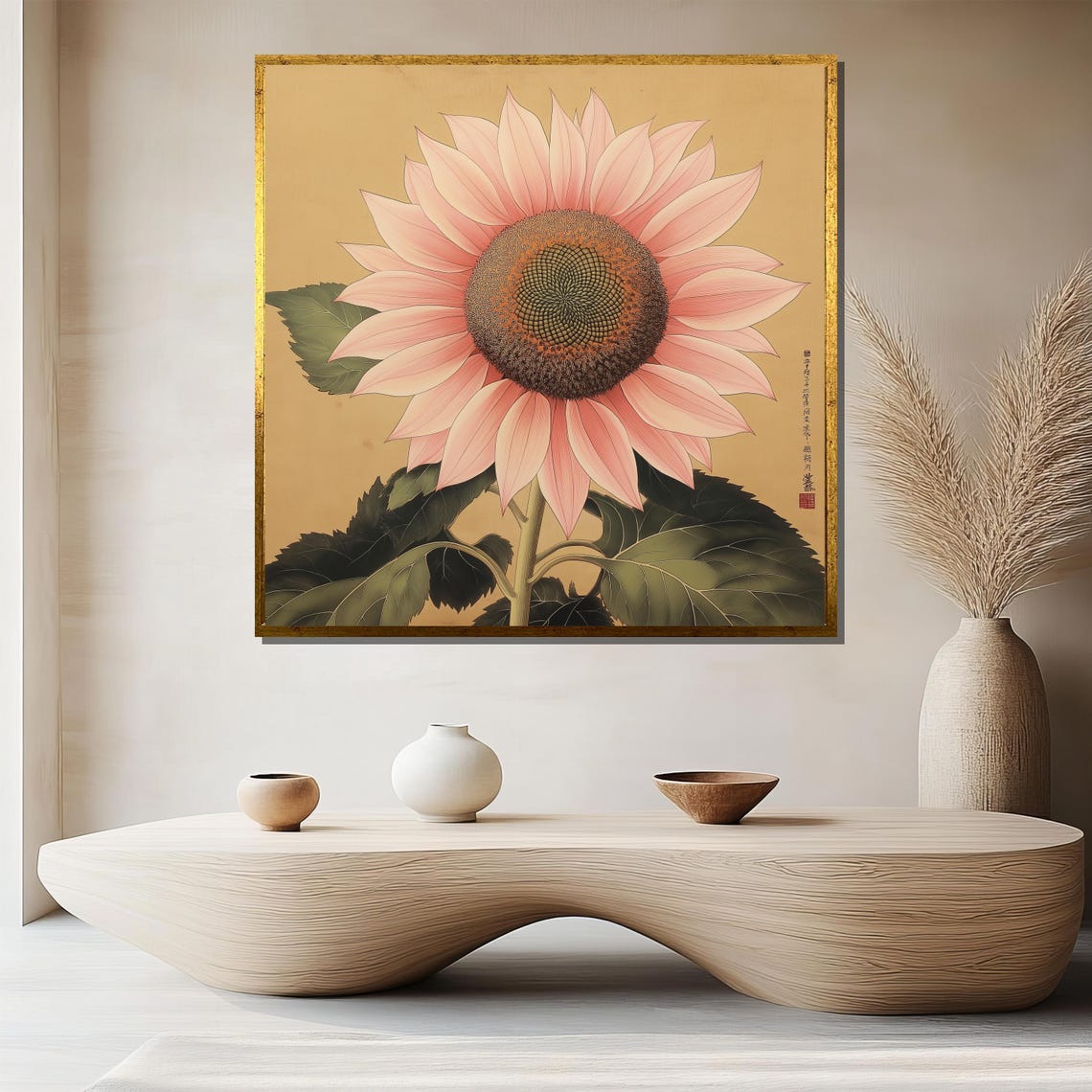 Pink Sunflower in Japanese Botanical Style Elegant Floral Poster