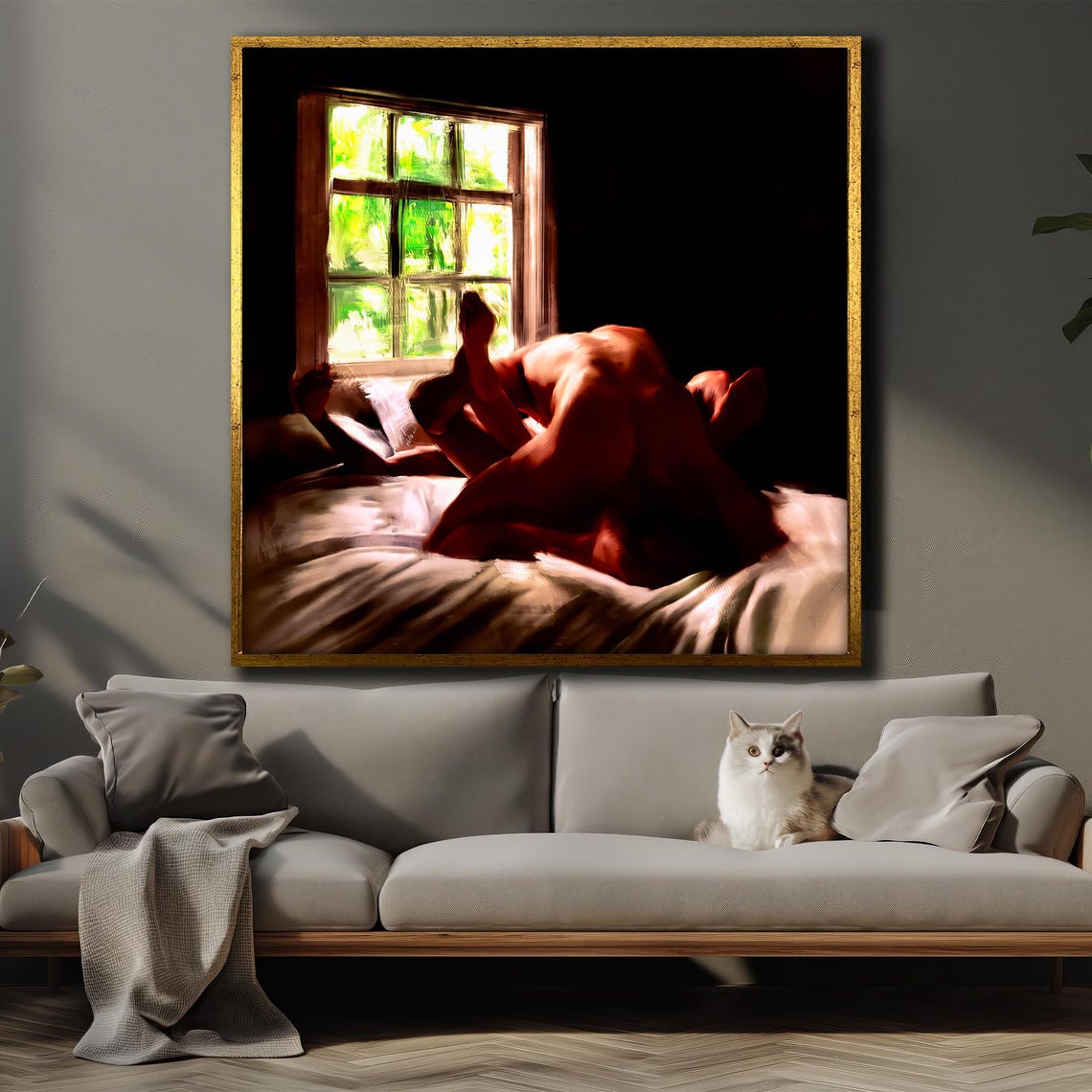 Sunlit Intimate Lovers Embrace by the Window Erotic Art Poster - Image 4