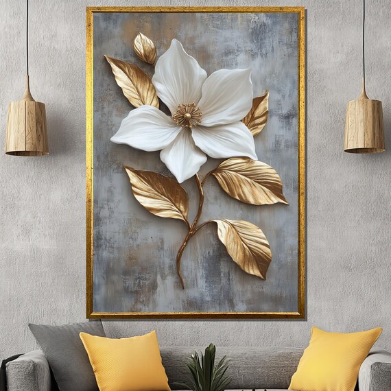 White And Gold Flower Painting Elegant Floral Wall Art Luxury Botanical Home Decor Modern Artwork Gift For Art Lovers