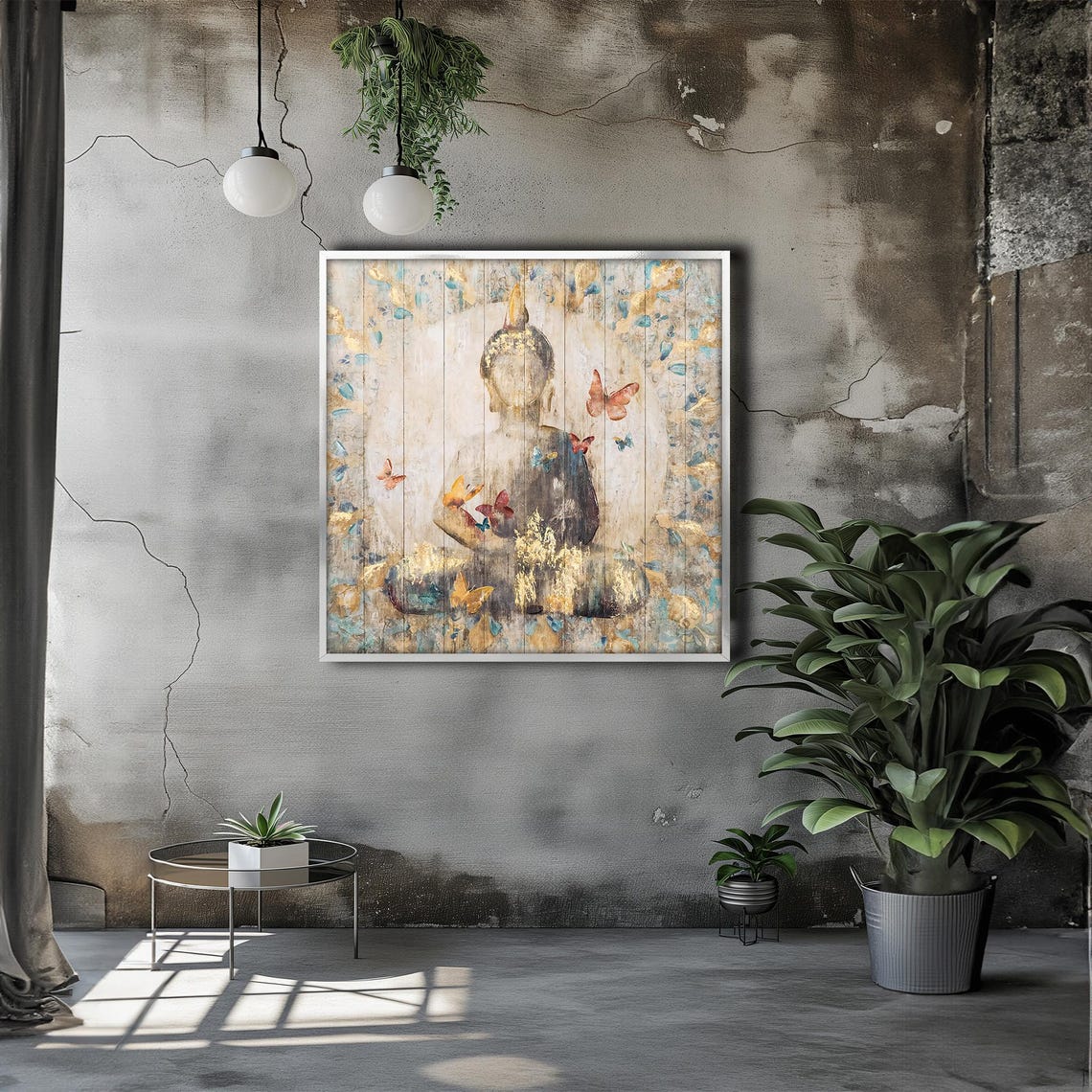 Serene Buddha With Butterflies Rustic Vintage Painting For Tranquil Meditation Space And Unique Zen Gift - Image 3