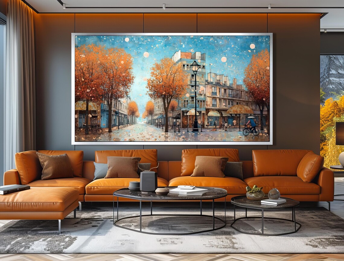 Parisian Autumn Street Cyclist with Umbrella City Scene Poster - Image 3