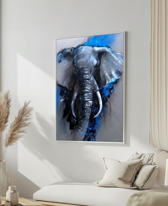 Abstract Elephant Art Bold And Powerful Animal Portrait Blue And Grey Wall Decor Ready To Hang
