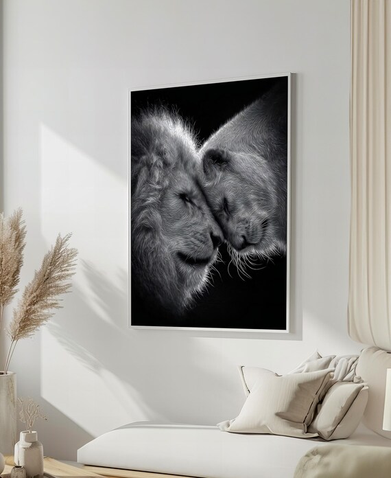 Lion and Lioness in Tender Embrace Monochrome Art Poster For Couples Gift