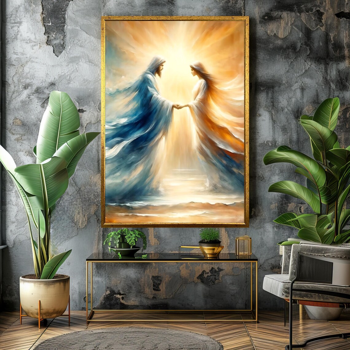 Heavenly Union Two Radiant Figures Holding Hands In Golden Light Poster - Image 4