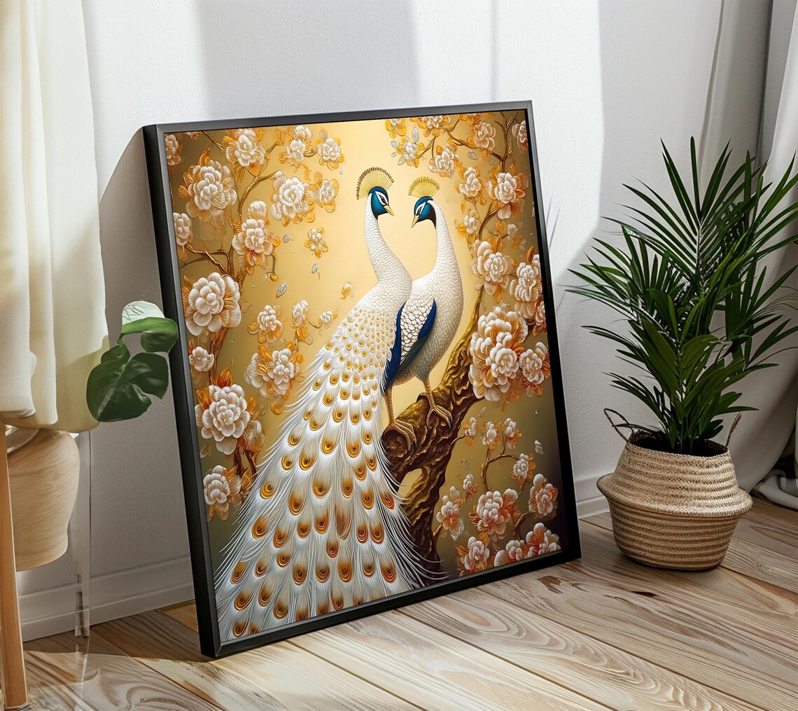 Elegant Pair of White Peacocks Golden Peony Blossom Art Poster