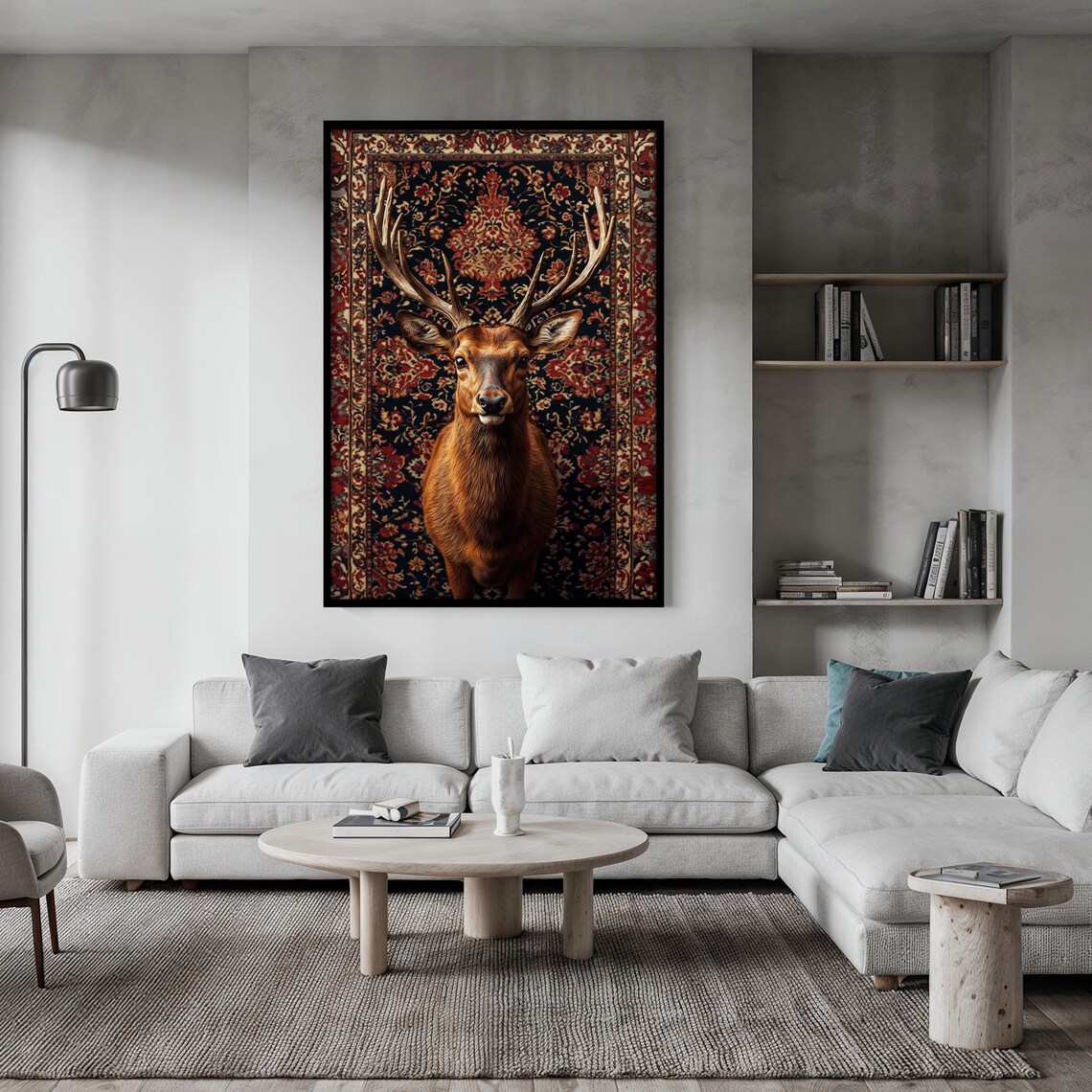 Majestic Stag with Large Antlers Standing on a Dark Rug Poster - Image 2
