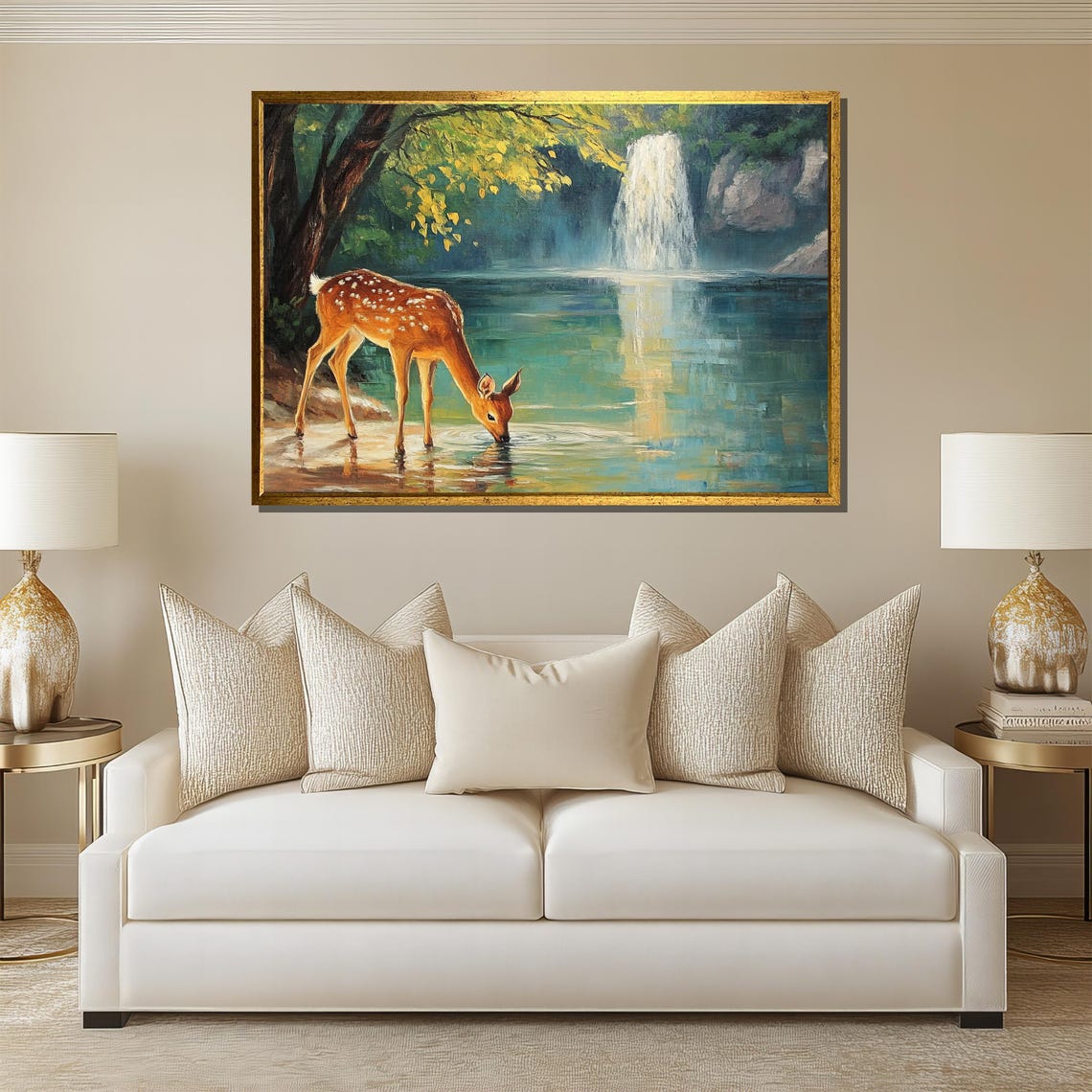 Fawn Drinking At The Waterfall Forest Nature Painting Scene Poster - Image 4