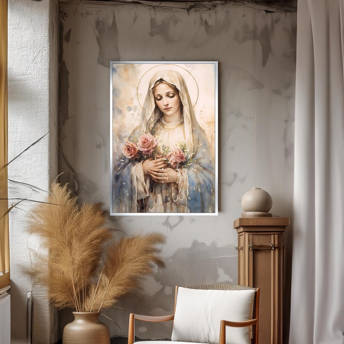 Virgin Mary With Pink Roses Soft Watercolor Religious Portrait Poster - Image 3