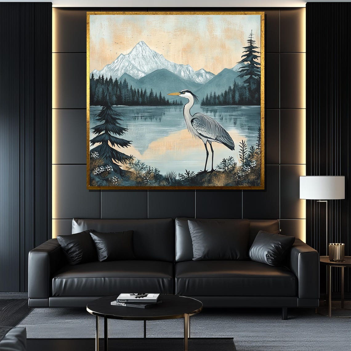 Heron By The Mountain Lake Serene Nature Landscape Scene Poster - Image 4
