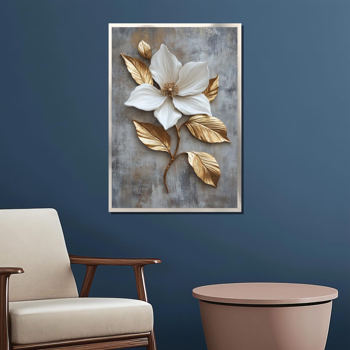White Bloom With Metallic Gold Leaves Luxury Floral Art Poster - Image 2