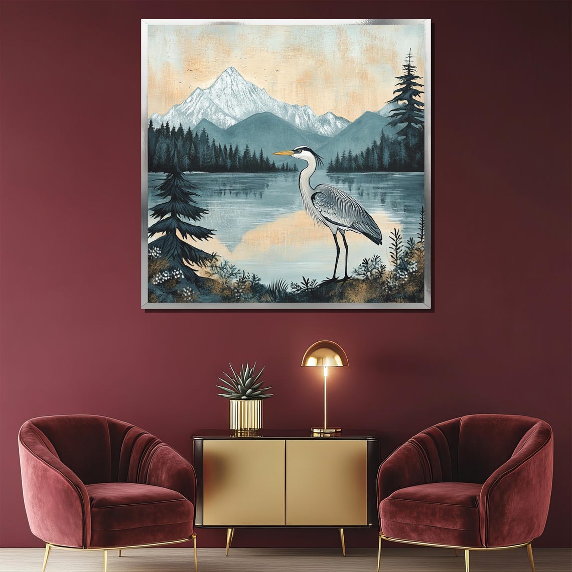 Heron By The Mountain Lake Serene Nature Landscape Scene Poster - Image 2