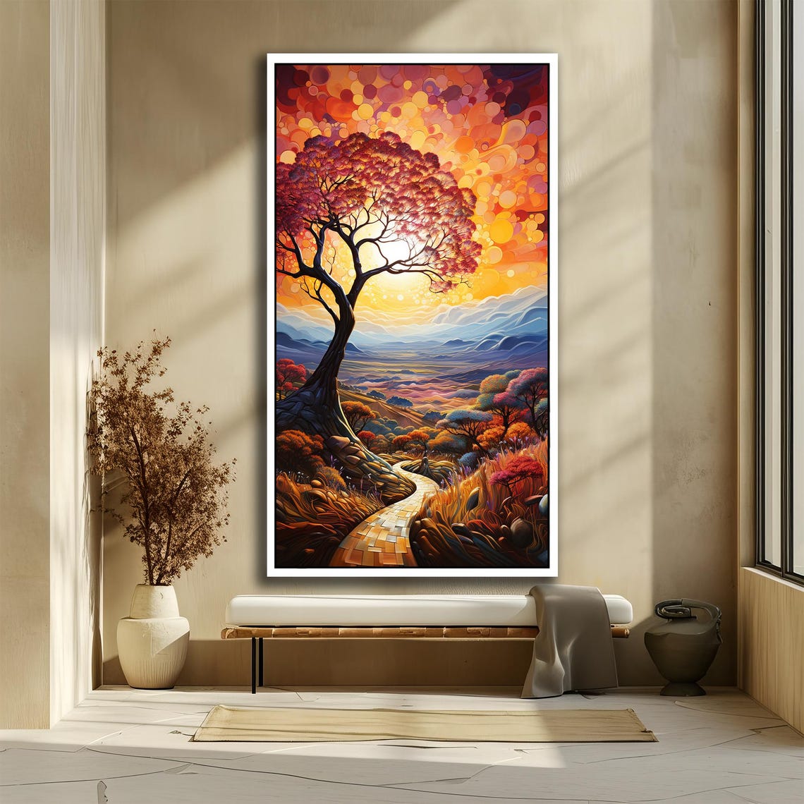Golden Sunset Pathway Tree Landscape Vibrant Colors Art Poster - Image 2