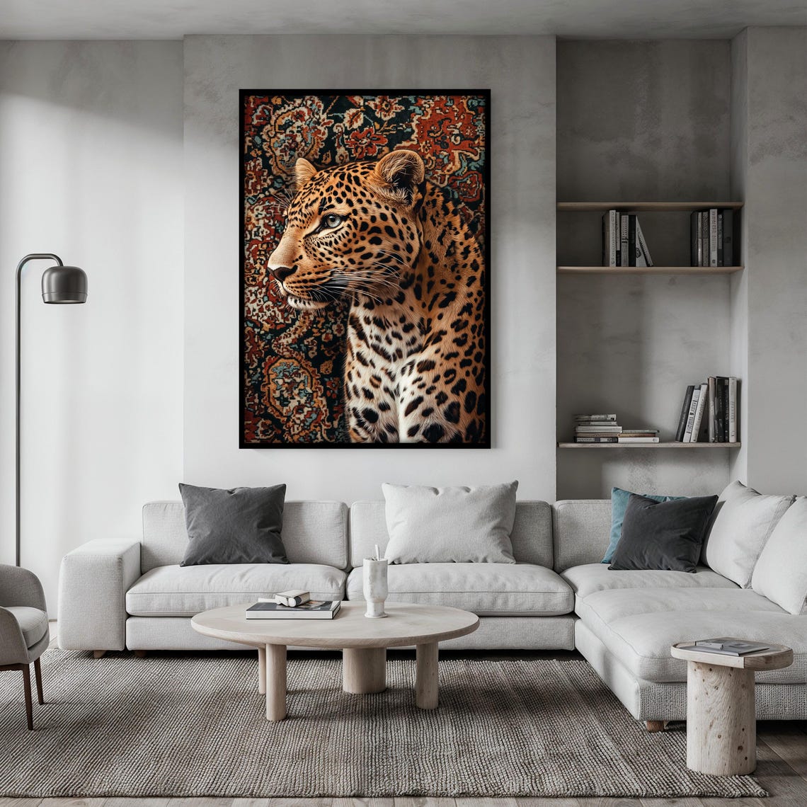 Leopard Profile Portrait Set Against a Multicolor Ornate Rug Poster - Image 2