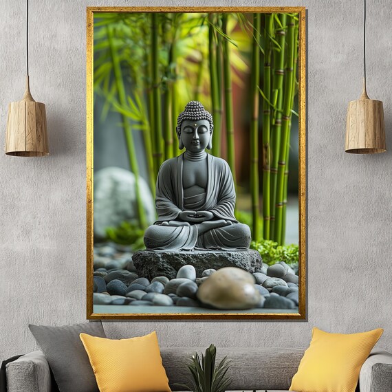 Stone Buddha Statue In Bamboo Garden Zen Meditation Decor Poster
