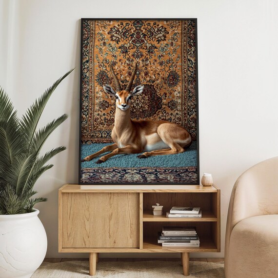 Elegant Gazelle Painting With Ornate Rug Design Wildlife Wall Art Gift For Nature Lovers And Luxury Home Dcor
