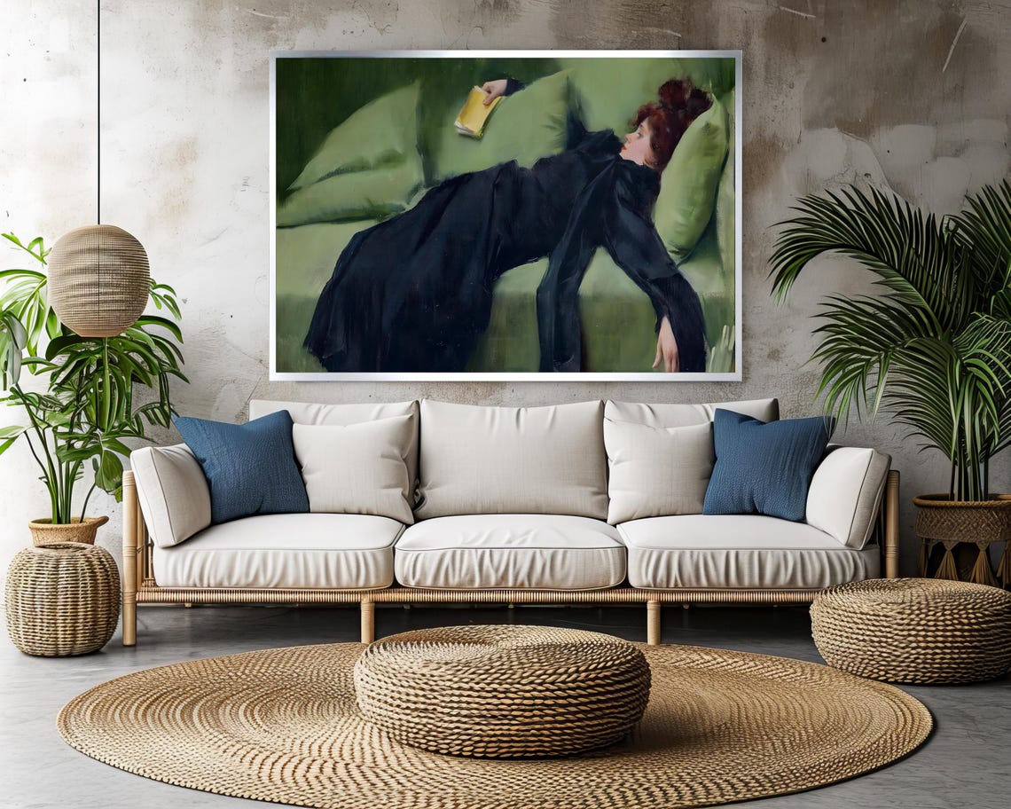 Woman Reclining On A Green Sofa Reading A Book Classic Painting Poster - Image 3