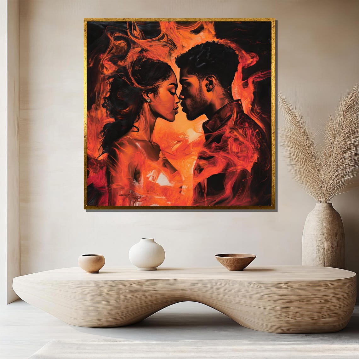 Fiery Passionate Couple Kiss in Orange Flames Bold Romance Poster