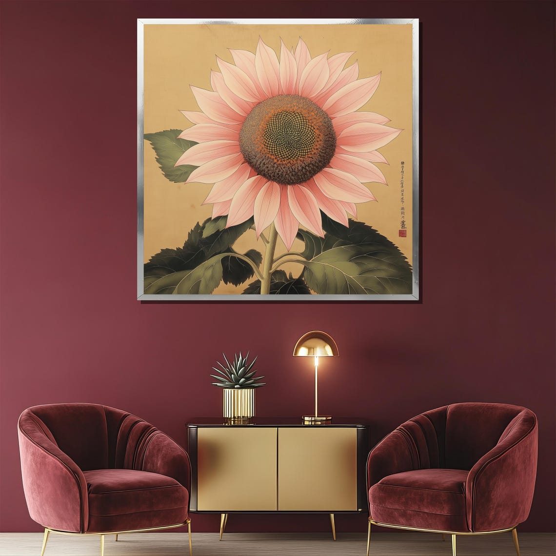Pink Sunflower in Japanese Botanical Style Elegant Floral Poster - Image 2