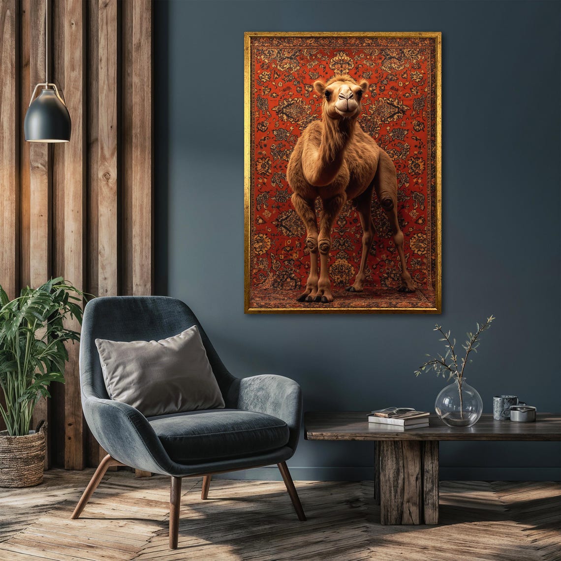 Camel Facing Forward with a Smile on a Deep Red Persian Rug Poster - Image 4