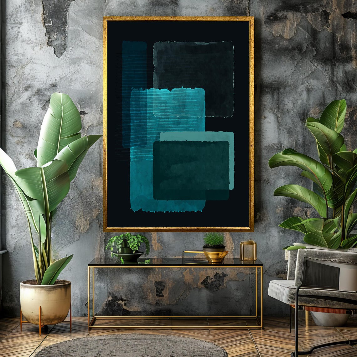 Mark Rothko Style Layered Teal Watercolor Blocks On Black Art Poster - Image 4