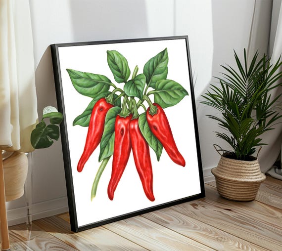 Vibrant Red Chili Peppers Bold Kitchen Painting With Fresh Green Leaves For A Spicy And Invigorating Culinary Space