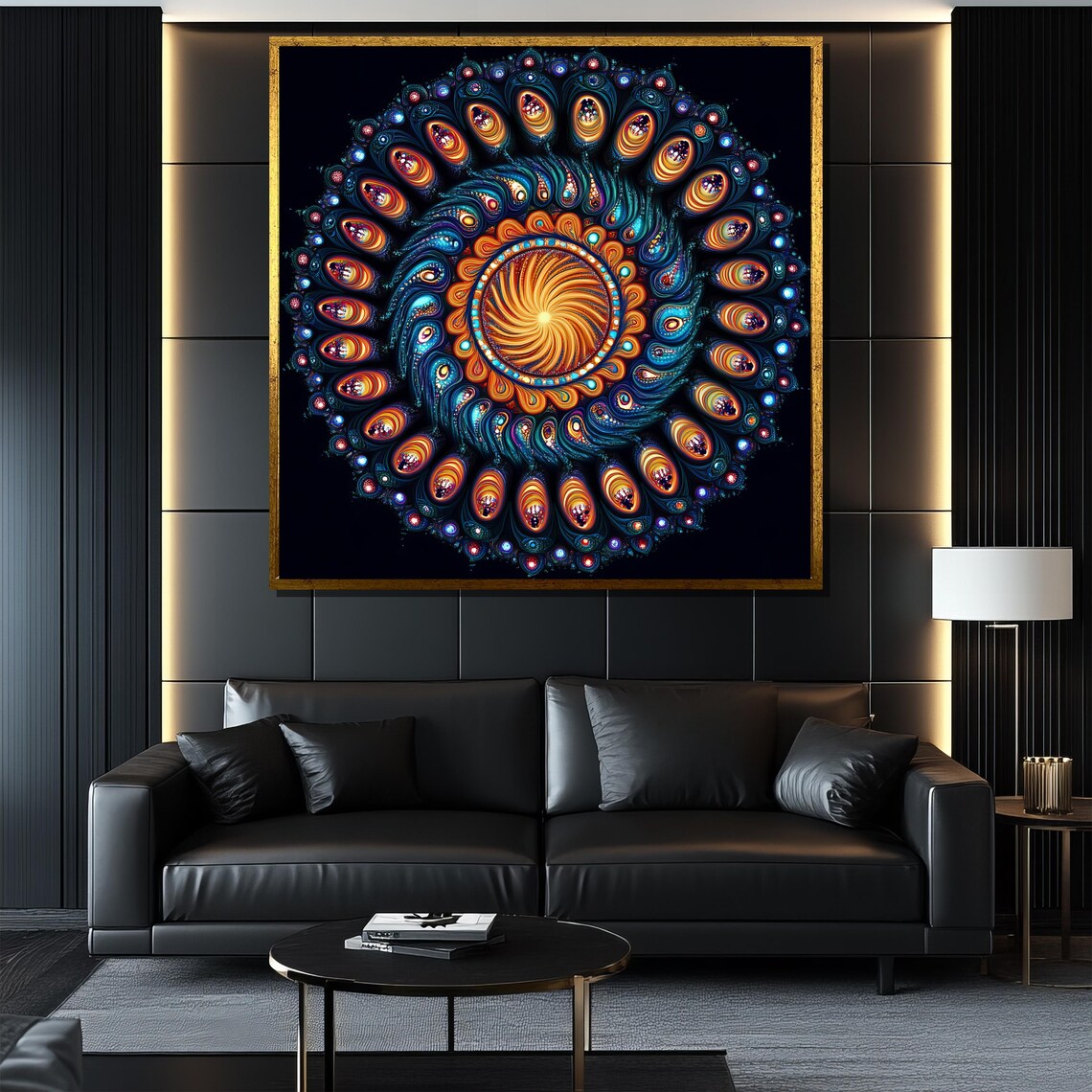 Fiery Orange and Teal Spiral Mandala with Peacock Motifs on Black Poster - Image 4
