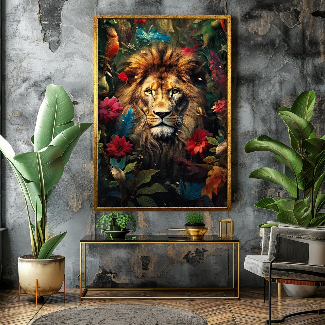 Majestic Lion Portrait Surrounded by Tropical Flowers Poster - Image 4