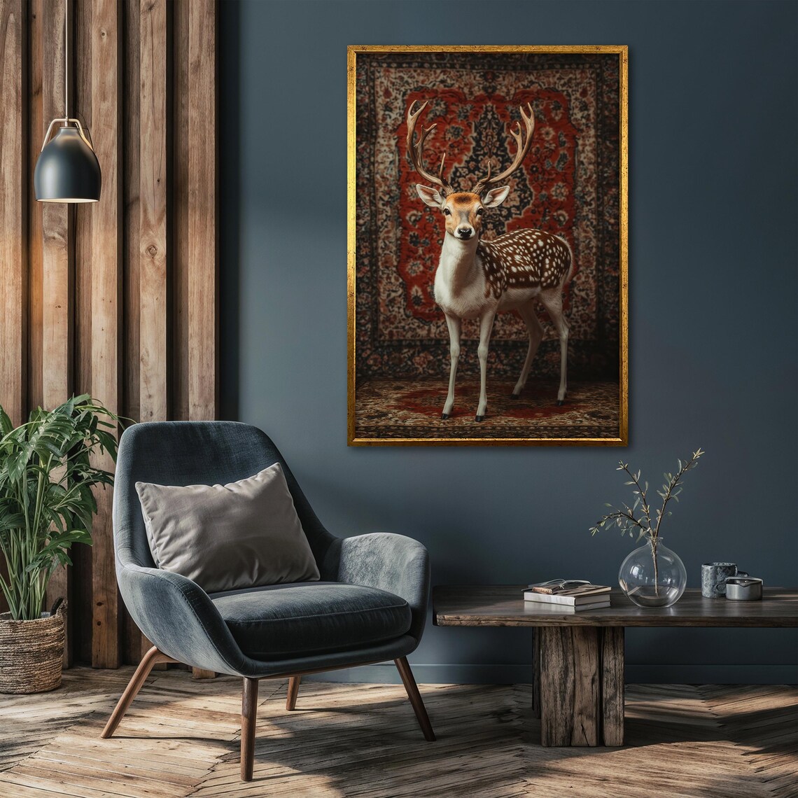 Spotted Deer Stag with Grand Antlers Before a Red Persian Rug Poster - Image 4