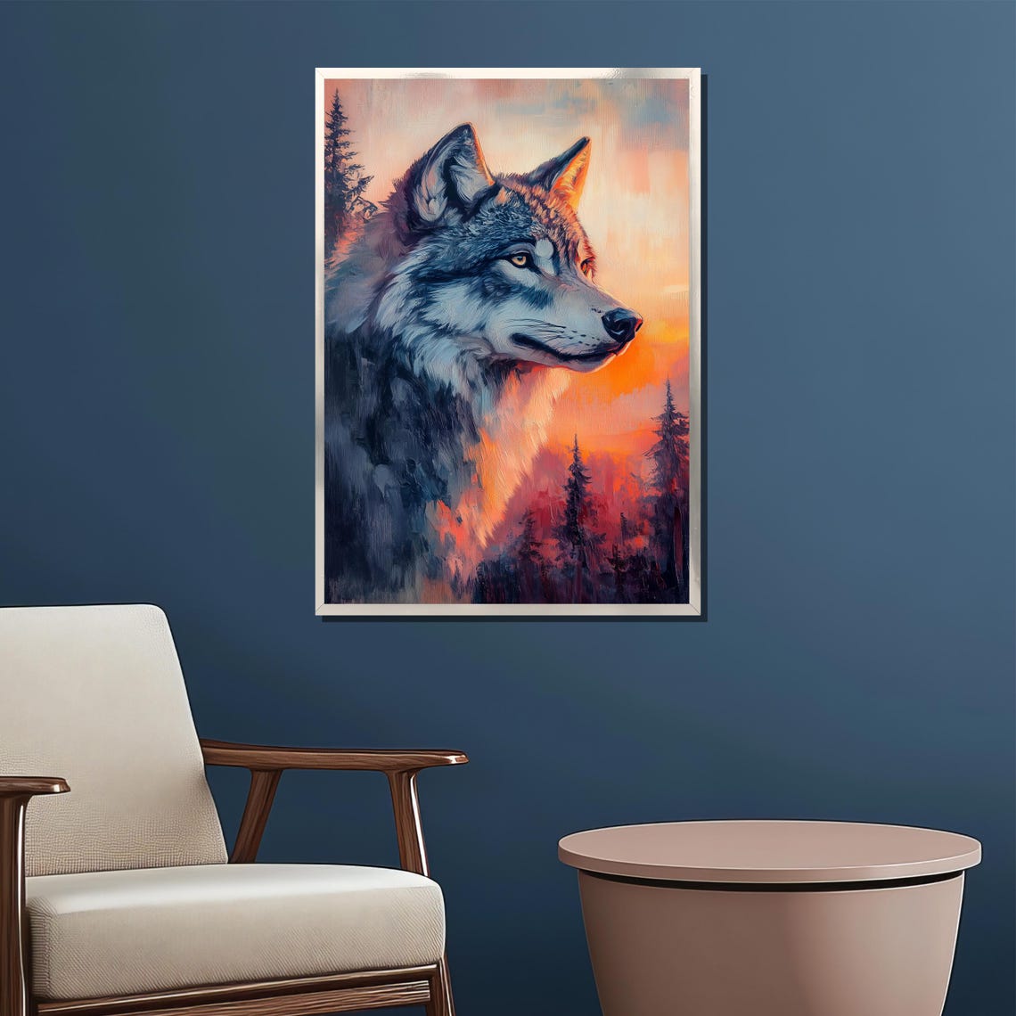 Majestic Wolf Profile At Sunset Painterly Wildlife Scene Poster - Image 2
